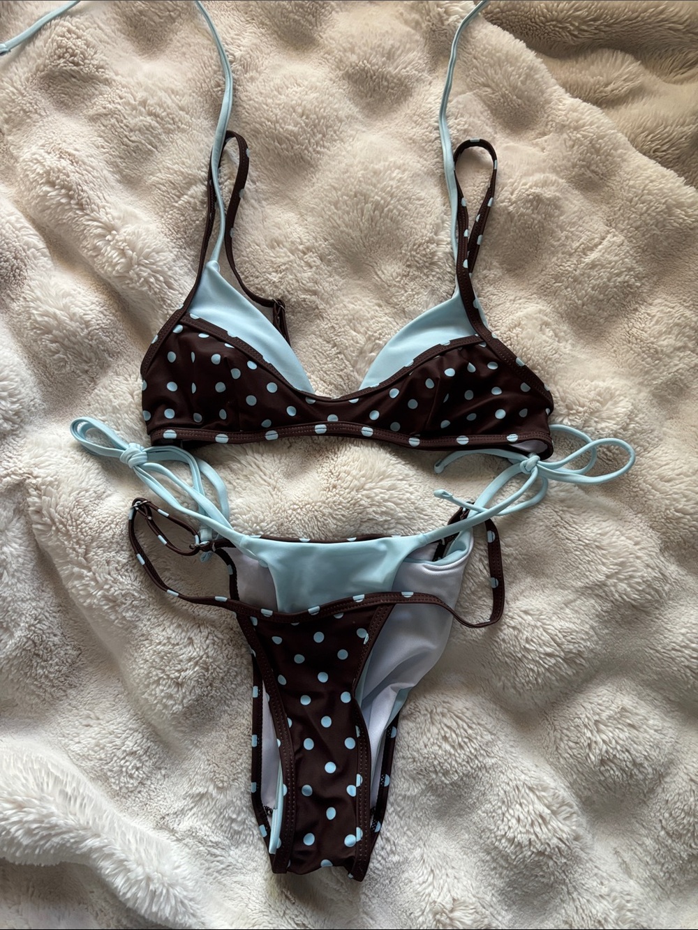 Hollister Brown Polka Dot Bikini with Light Blue Accents
